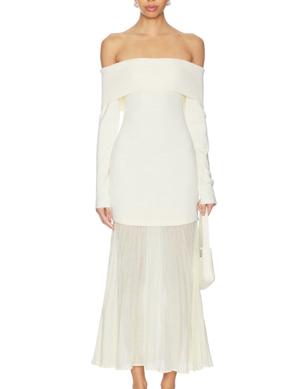 Astr Lidia Dress | Off-Shoulder Cream Maxi Dress with Sheer Skirt